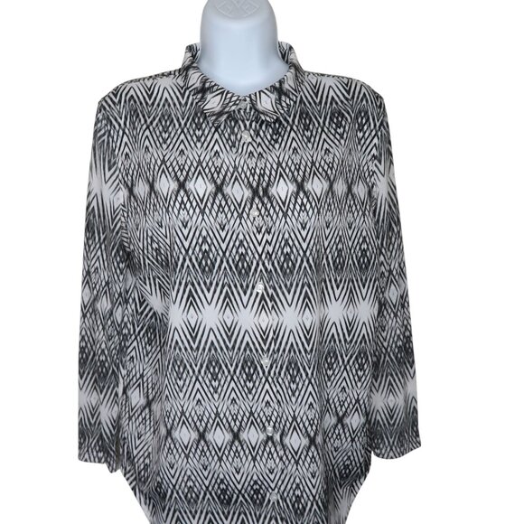 H&M Womens XS Black White Geometric Print Button-Up Blouse Long Sleeve - Picture 1 of 10